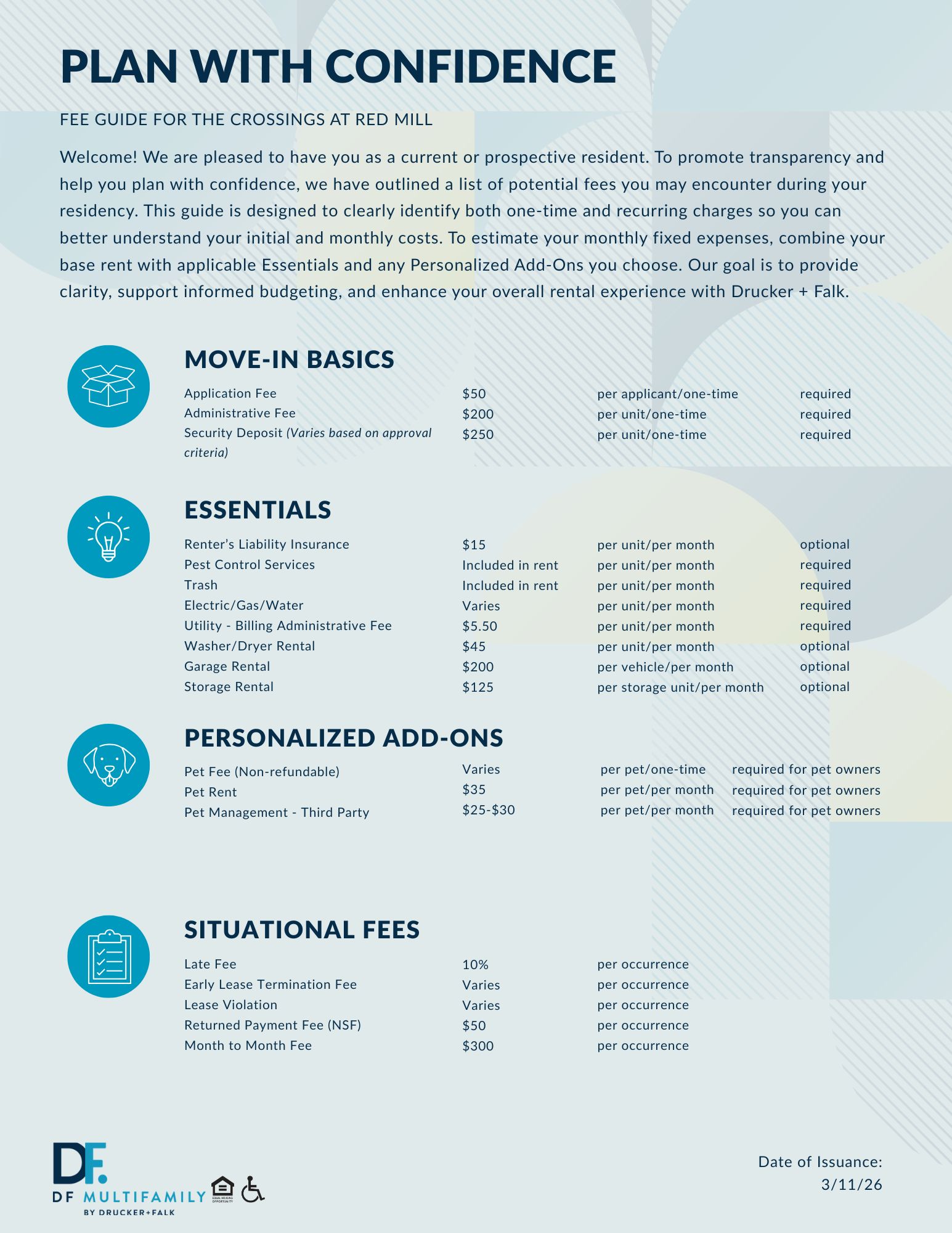 Fee Guide for The Crossings at Red Mill - Please call our leasing office for more details